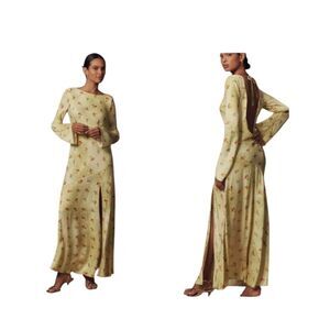bhldn floral chiffon plunge long-sleeve ruffle maxi dress Floral Chiffon Long Sleeve Maxi Dress Formal BHLDN Floral Chiffon Plunge  Long-Sleeve Ruffle Maxi Dress